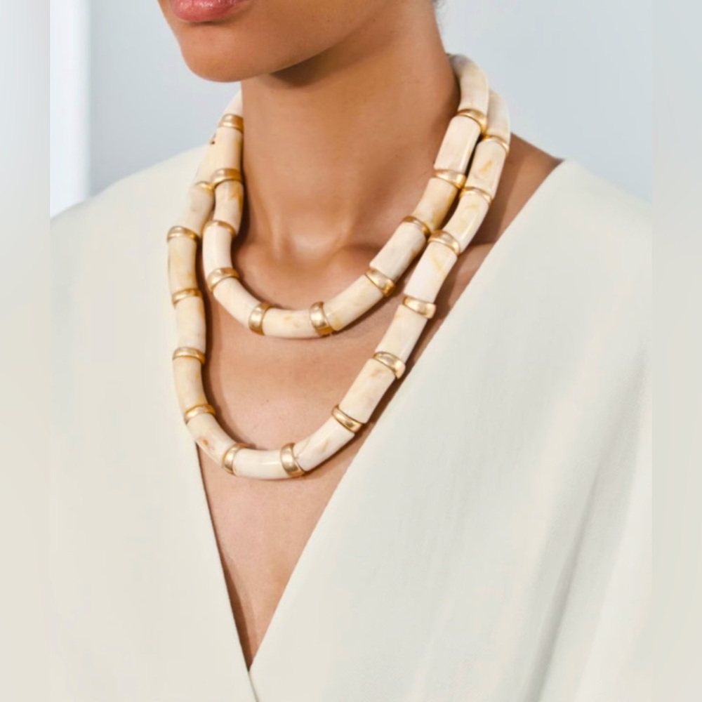 Zara Ivory Acrylic Marble Effect Gold Bead 2 Double Strand Necklace